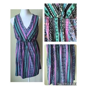 Soma Live Lounge Wear Tunic XS Top Teal Pink Medallion V Neck Sleeveless Smocked